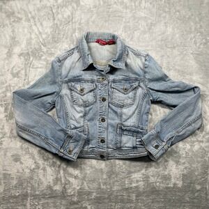 Guess Jeans Womens Distressed Blue Denim Jacket Stretch Light Wash Size S P